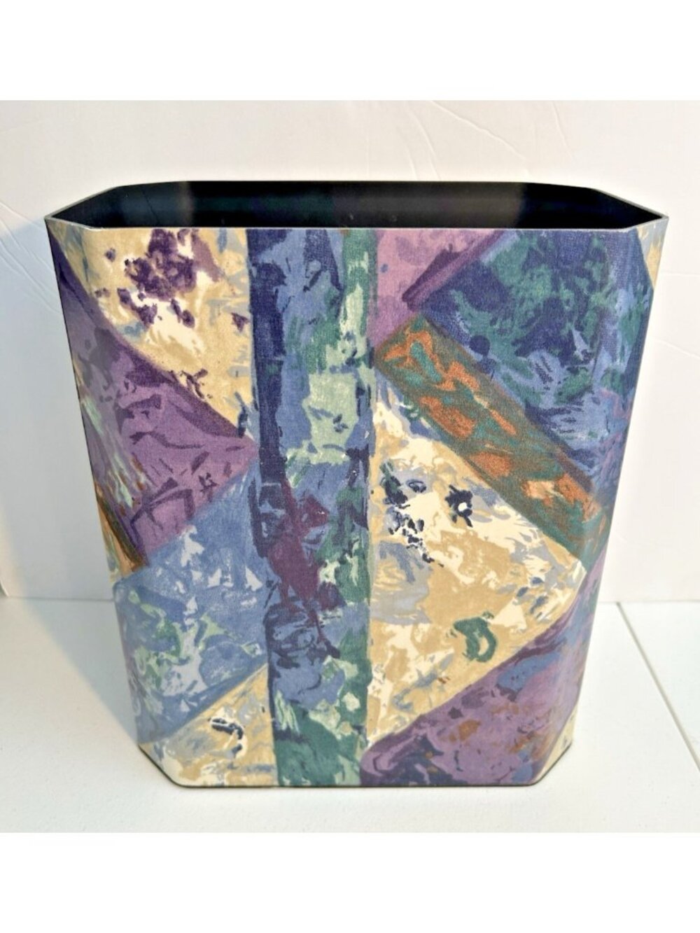Vtg Wamsutta Abstract Geometric Waste Paper Basket 1990s Purple Blue Beige Green